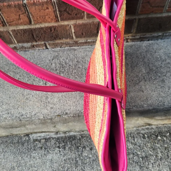 Striped Woven Tote Bag with Pink Trim - Picture 2 of 3